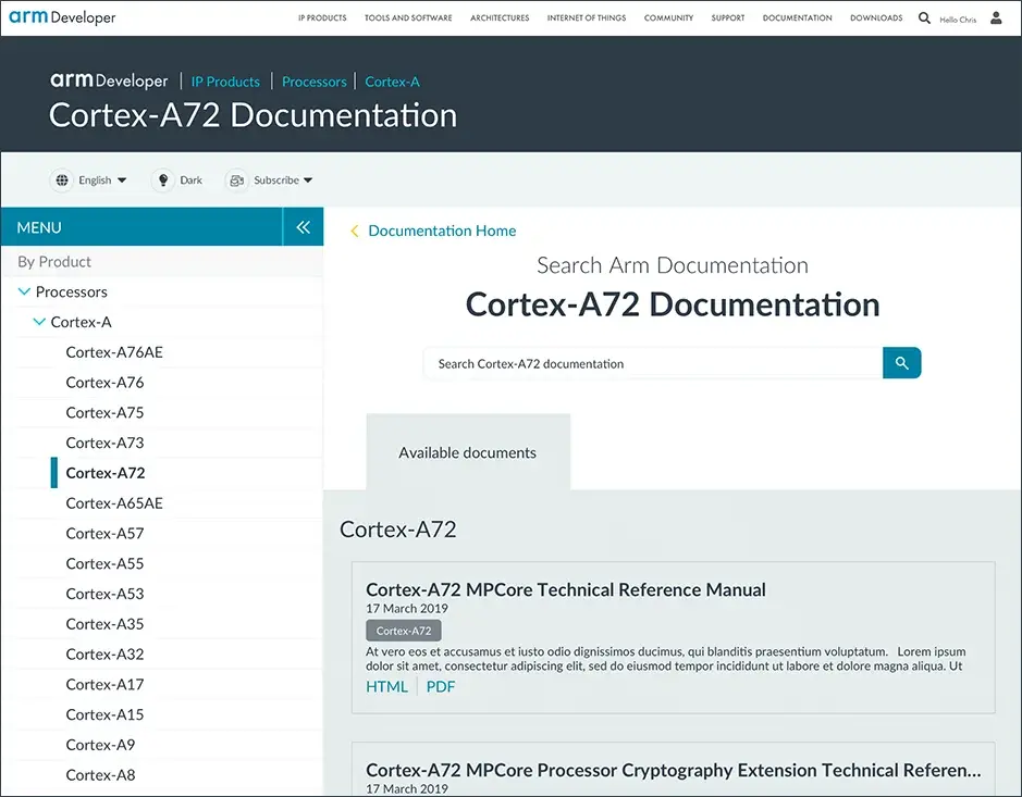 Arm Developer documentation page for the Cortex-A72, with a product menu and document search
