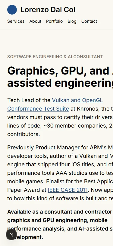 Home page captured by headless Edge at 375 pixels: the headline and text run off the right edge