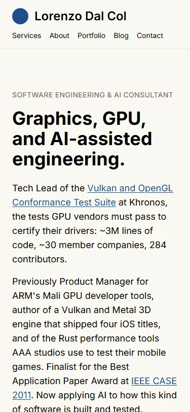 The same home page with mobile emulation on: everything fits the width